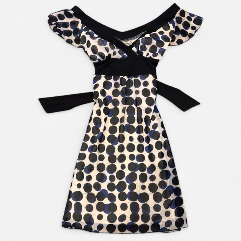 Y2K Studio Y rare Black blue polka dot dress ruffle sleeves tie waist size